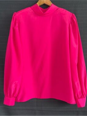 Vintage Stefanie Pink Turtleneck L/S Blouse 12 Button Up Back Secretary Modest